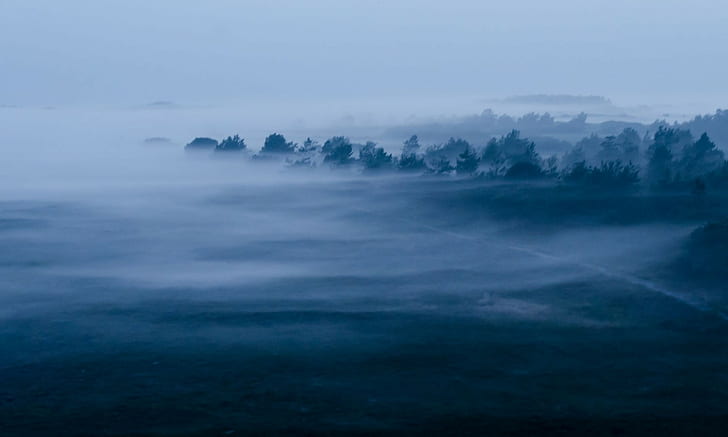 фотография, природа, пейзаж, вечер, мъгла, синьо, гора, черен път, HD тапет
