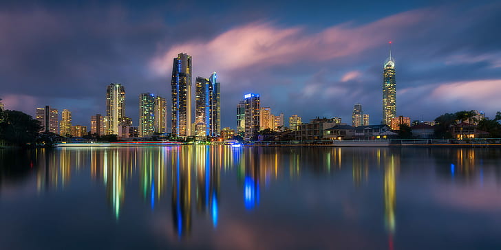 Gold Coast, urbano, skyline, grattacielo, città, 500px, notte, australiano, fiume, Sfondo HD
