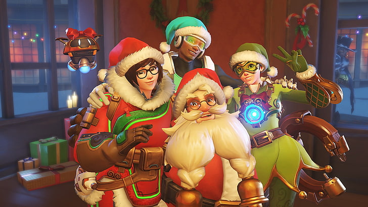 Overwatch Christmas Edition poster, Santa Claus with boys and girl, Overwatch, snow, Mei (Overwatch), holiday, Santa hats, Lúcio (Overwatch), Tracer (Overwatch), Torbjörn (Overwatch), McCree (Overwatch), HD wallpaper