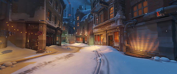 snow, the city, street, the game, home, Christmas, Blizzard, garland, shooter, Overwatch, Kings Row, HD wallpaper
