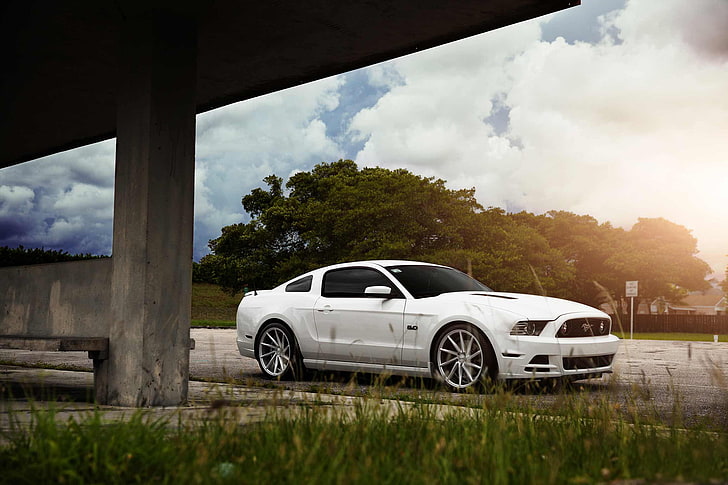 white Ford Mustang coupe, ford, mustang, vossen, wheels, cvt, HD wallpaper