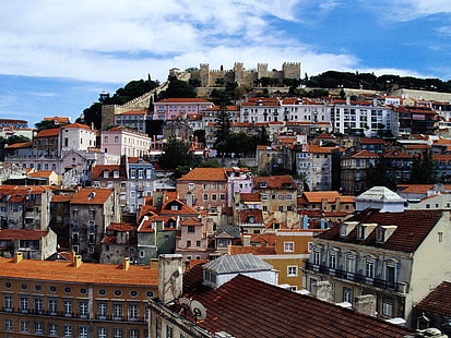 оранжевые дома, лиссабон, эстремадура, португалия, HD обои HD wallpaper