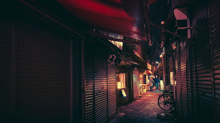 gray roller shutter, Tokyo, Japanese, neon, bicycle, HD wallpaper