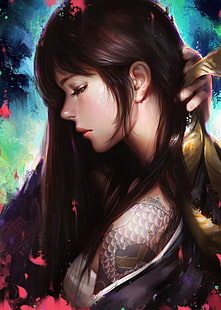 Liang Xing, genderswap, Hanzo (Overwatch), tato, wanita, karya seni, brunette, seni digital, video game, rambut panjang, Overwatch, Wallpaper HD HD wallpaper