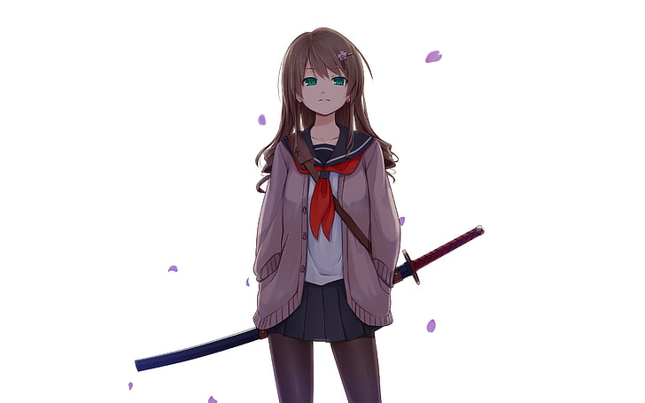 illustration de fille aux cheveux bruns, anime, anime girls, épée, katana, uniforme scolaire, personnages originaux, fond blanc, Fond d'écran HD