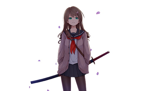 ilustrasi gadis berambut coklat, anime, gadis anime, pedang, katana, seragam sekolah, karakter asli, latar belakang putih, Wallpaper HD HD wallpaper