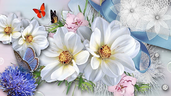 Gioiosa primavera, nastro, pizzo, diamanti, blu, farfalle, gioielli, fiori, piume, 3d e astratto, Sfondo HD HD wallpaper