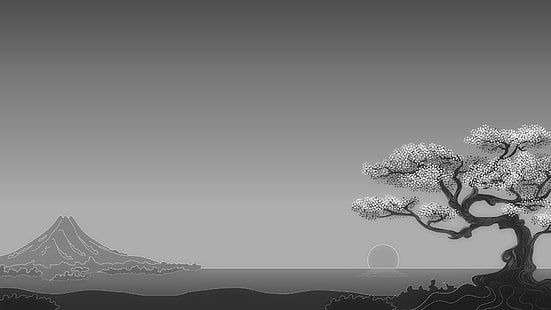 pohon berdaun putih, seni digital, minimalis, latar belakang sederhana, pohon, alam, lanskap, horizon, matahari, monokrom, Jepang, Gunung Fuji, pegunungan, Wallpaper HD HD wallpaper
