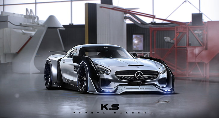 auto Mercedes-Benz argento, grafica, Khyzyl Saleem, auto, Sfondo HD