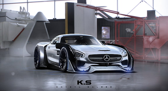 silver Mercedes-Benz car, artwork, Khyzyl Saleem, car, HD wallpaper HD wallpaper
