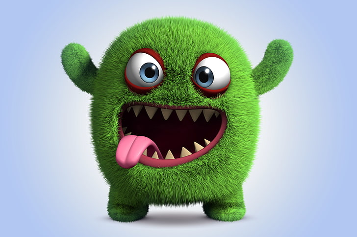 personnage de monstre vert, monstre, sourire, dessin animé, personnage, drôle, mignon, moelleux, Fond d'écran HD