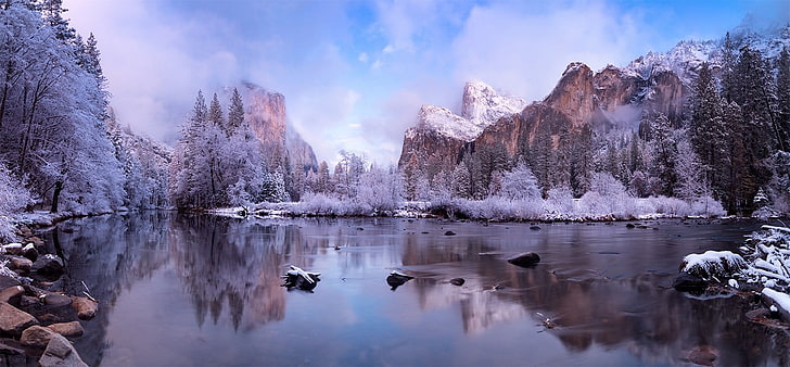 gunung coklat dan badan air, fotografi, alam, pemandangan, musim dingin, lembah, hutan, sungai, gunung, salju, Taman Nasional Yosemite, California, Wallpaper HD