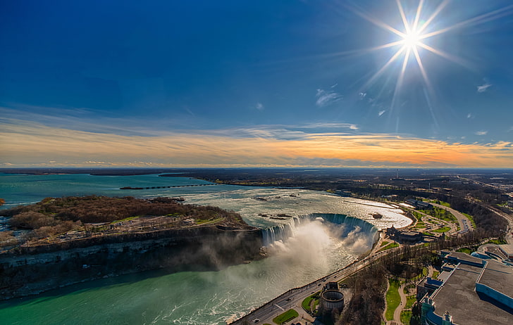 słońce, rzeka, Kanada, panorama, Ontario, wodospad Niagara, Tapety HD