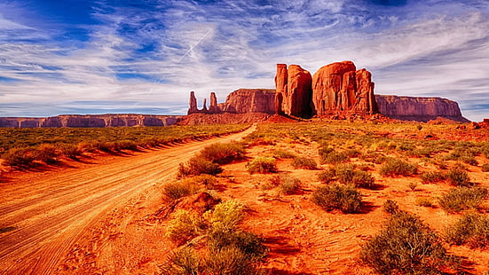 пейзаж, грязь, дорога, пустыня, Долина монументов, плато Колорадо, геология, гора, кустарники, откос, небо, утро, каньон, образование, национальный парк, бесплодные земли, ориентир, камень, пустыня, пустыня, HD обои HD wallpaper