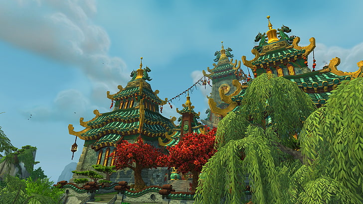 Ilustración de casas verdes y marrones, World of Warcraft, World of Warcraft: Mists of Pandaria, videojuegos, Fondo de pantalla HD