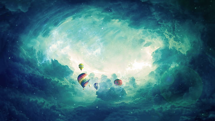 montgolfière, montgolfière, montgolfière, ciel, nuage, art fantastique, imagination, montgolfières, étoiles, Fond d'écran HD