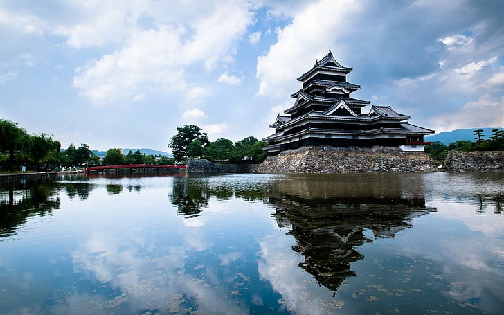 Замки, Замок, Мост, Япония, Замок Мацумото, Отражение, HD обои
