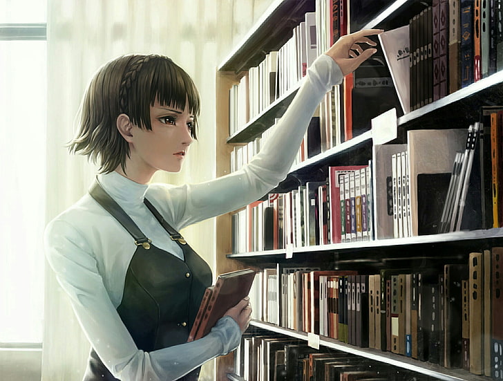 persona 5, nijima makoto, library, semi realistic, short hair, Anime, HD wallpaper