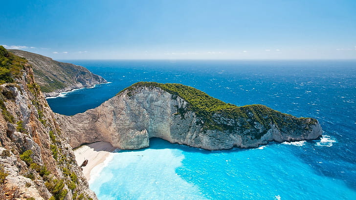 Закинтос, море, природа, скала, крайбрежие, плаж, плаж Navagio, Гърция, пейзаж, HD тапет