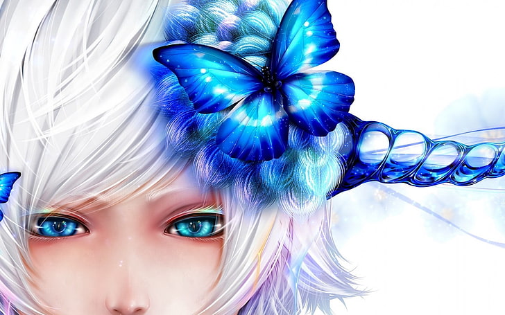 синя пеперуда върху сребърна коса на женски аниме герой цифров тапет, буно сатоши, пеперуда, момиче, лице, рог, HD тапет