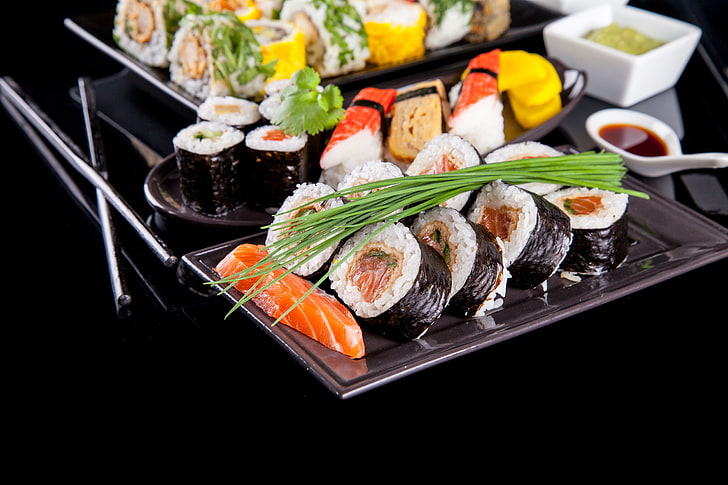 sushi rolls, greens, bow, sushi, rolls, filling, Japanese cuisine, HD wallpaper