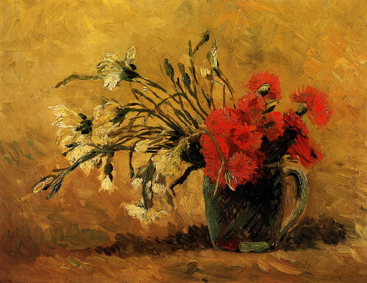 kırmızı ve sarı çiçek boyama, çiçekler, resim, kırmızı, vazo, karanfil, Gogh, Vincent, van, HD masaüstü duvar kağıdı