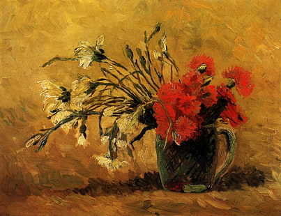 kırmızı ve sarı çiçek boyama, çiçekler, resim, kırmızı, vazo, karanfil, Gogh, Vincent, van, HD masaüstü duvar kağıdı HD wallpaper