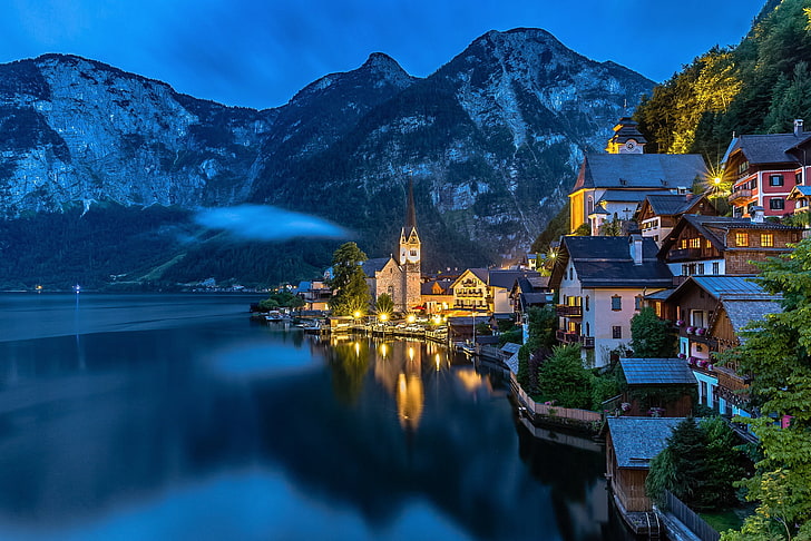 snowy mountain, mountains, lights, lake, the evening, Austria, Alps, Salzkammergut, Hallstatt, HD wallpaper