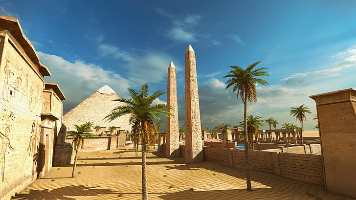 the talos principle screen shot video games pyramid obelisk palm trees egypt egyptian sand sky, HD wallpaper