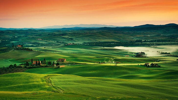 grassland, green, nature, tuscany, field, sky, hill, italy, rural area, europe, village, farm, landscape, meadow, sunset, HD wallpaper