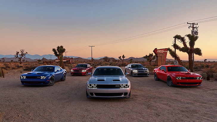 кола, пустиня, Dodge, Dodge Challenger, Dodge Charger, небе, HD тапет