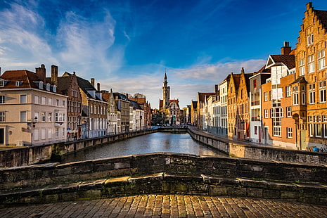 ponte, costruzione, canale, Belgio, Bruges, terrapieni, Jan van Eyck Square, Sfondo HD HD wallpaper