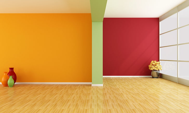 vases en céramique orange, vert et rouge, murs, design, salle, pot, pots, Fond d'écran HD