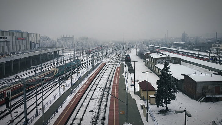 poland train train station railway winter snow mist poznan, HD wallpaper