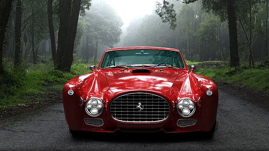 червено превозно средство на Ферари, червено автомобил на Ферари по пътя през мъглив ден, Ферари, кола, червени автомобили, превозно средство, дървета, HD тапет HD wallpaper