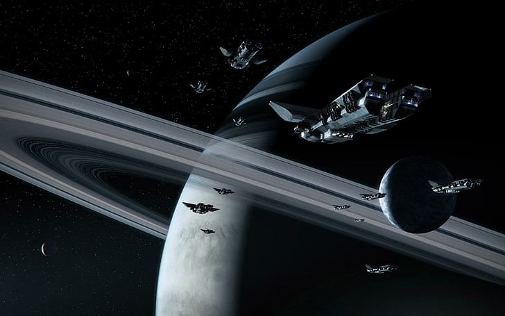 Spaceships flying around the planet, saturn planet, fantasy, 2560x1600, spaceship, planet, HD wallpaper