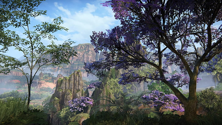 зеленая и фиолетовая роспись деревьев, неизведанные, лес, горы, деревья, трава, видеоигры, HD обои