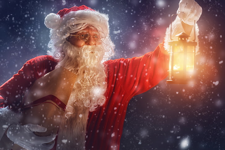 サンタクロースの衣装、新年、クリスマス、夜、冬、雪、メリークリスマス、ギフト、サンタクロース、 HDデスクトップの壁紙