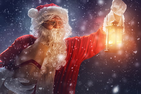 Costume de père Noël, Nouvel An, Noël, nuit, hiver, neige, joyeux Noël, cadeaux, père Noël, Fond d'écran HD HD wallpaper