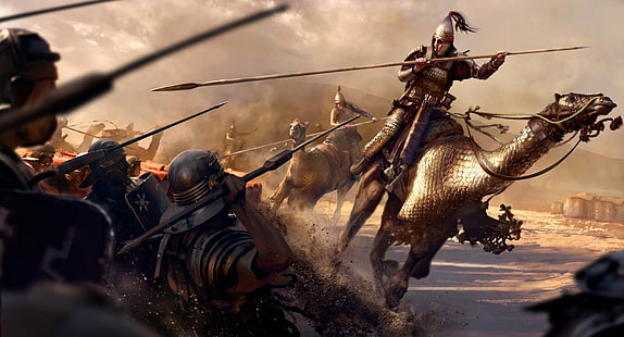 рицар, яздещ на илюстрация на камила, Фон, DLC, Видеоигри, Сега, Рим 2, Легионери, Камили, Тотална война: РИМ II - Войни зверове, Творческото събрание, Войни зверове, HD тапет HD wallpaper
