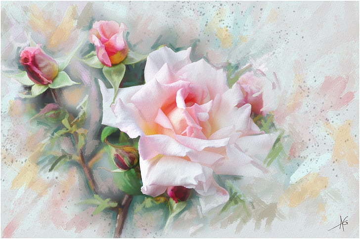 Artistic, Watercolor, Bud, Flower, Painting, Pink Flower, Pink Rose, Rose, HD wallpaper