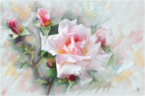 فنية ، ألوان مائية ، برعم ، زهرة ، لوحة ، زهرة وردية ، وردة وردية ، وردة، خلفية HD HD wallpaper