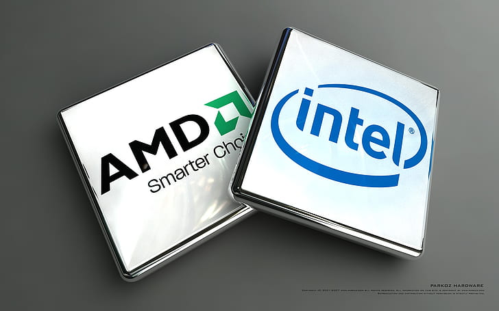 AMD e Intel, dos cajas cuadradas AMD e Intel, AMD, Intel, Fondo de pantalla HD