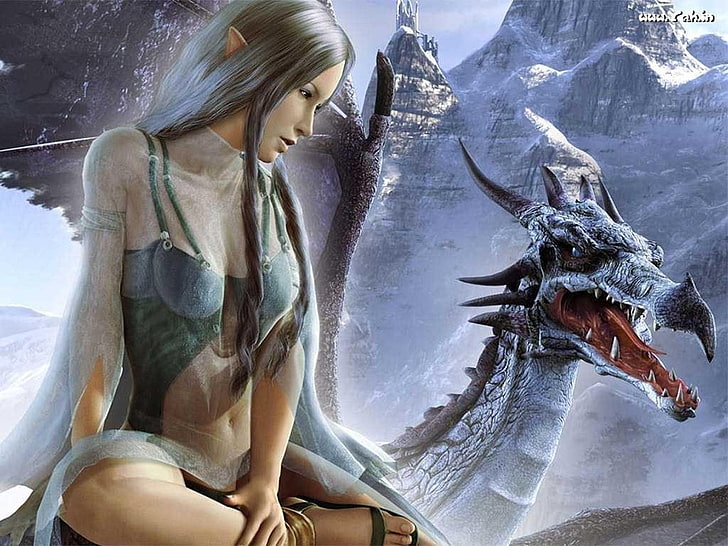 gray haired female anime character with blue dragon wallpaper, Fantasy, Dragon, Spellforce, HD wallpaper
