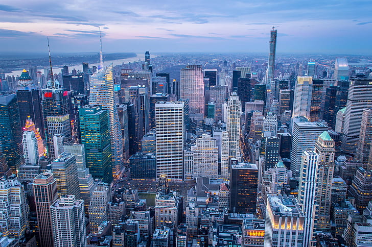 въздушна снимка на градски сгради, Манхатън, Манхатън, градски Skyline, градски пейзаж, небостъргач, квартал в центъра, САЩ, архитектура, известно място, градска сцена, Ню Йорк, град, въздушен изглед, бизнес, офис сграда, екстериор на сграда, кула, Манхатън - Ню Йорк, построена структура, HD тапет