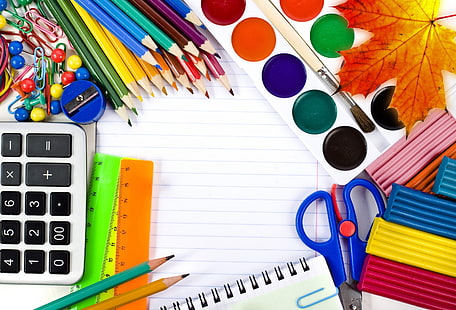 اللوازم المدرسية متعددة الألوان ، التوضيح ، الطلاء ، أقلام الرصاص ، المدرسة ، الطين ، 1 سبتمبر، خلفية HD HD wallpaper