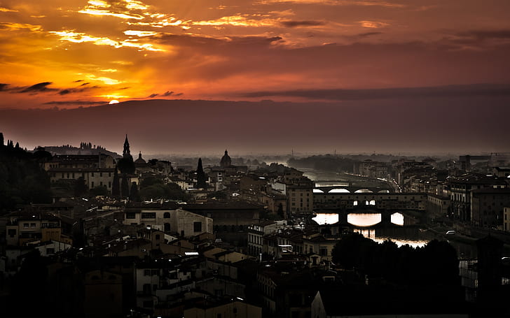 solnedgång moln landskap horisont gryning torn broar byggnader mörker stad italien florens floder ci Arkitektur broar HD konst, moln, solnedgång, HD tapet