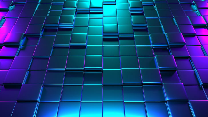 3d, biru, kubus, simetri, seni digital, pola, cahaya, garis, bersinar, persegi, neon, struktur, sudut, Wallpaper HD