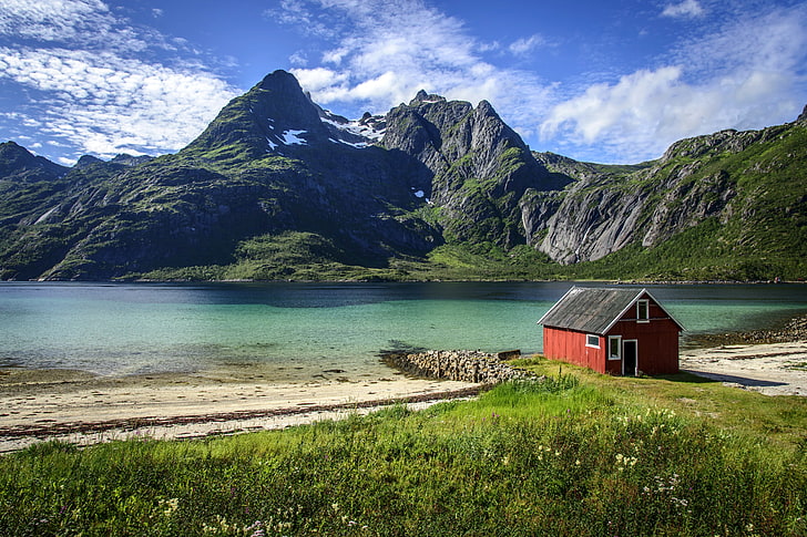 norwegia lofoty, jezioro, góra, szopa, krajobraz, Tapety HD