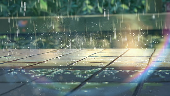 plantas verdes, El jardín de las palabras, verano, luz solar, arcoiris, lluvia, pavimentos, Makoto Shinkai, anime, Fondo de pantalla HD HD wallpaper